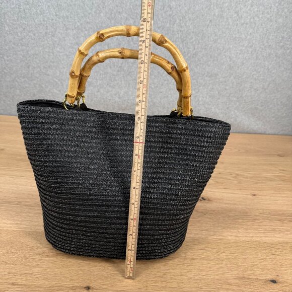 Kim Rogers Vintage Style Woven Straw Purse Bamboo Wooden Handles Black Beachy - Picture 7 of 10